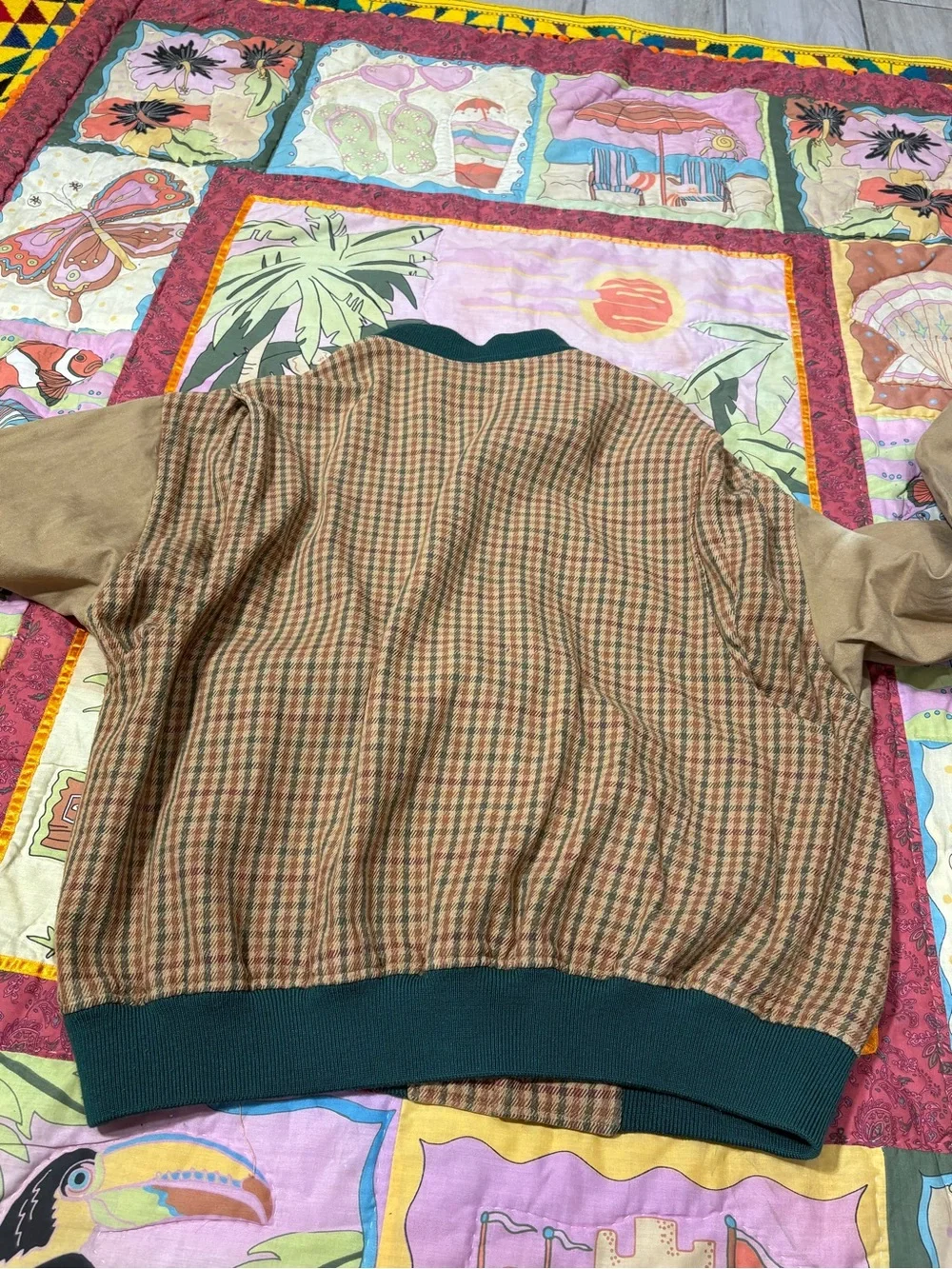 VINTAGE 80s 90s Polo Ralph Lauren Plaid Wool Bomber Jacket Beige Green